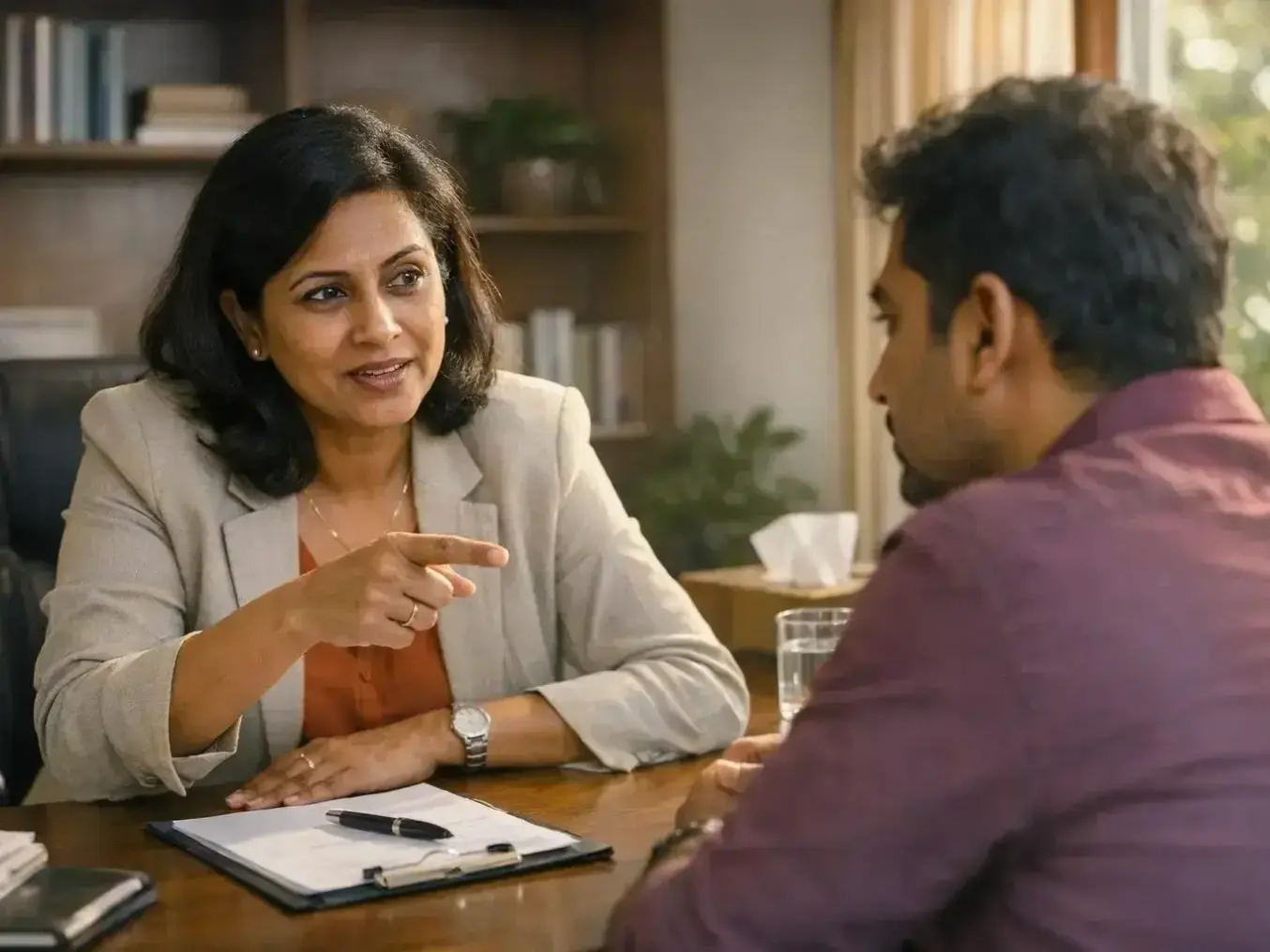 Clinical psychologist reviewing ADHD test results and counselling notes with parent